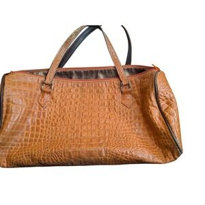 Roberto Vascon Orange Crocodile Embossed Faux Leather Duffle Travel Bag
